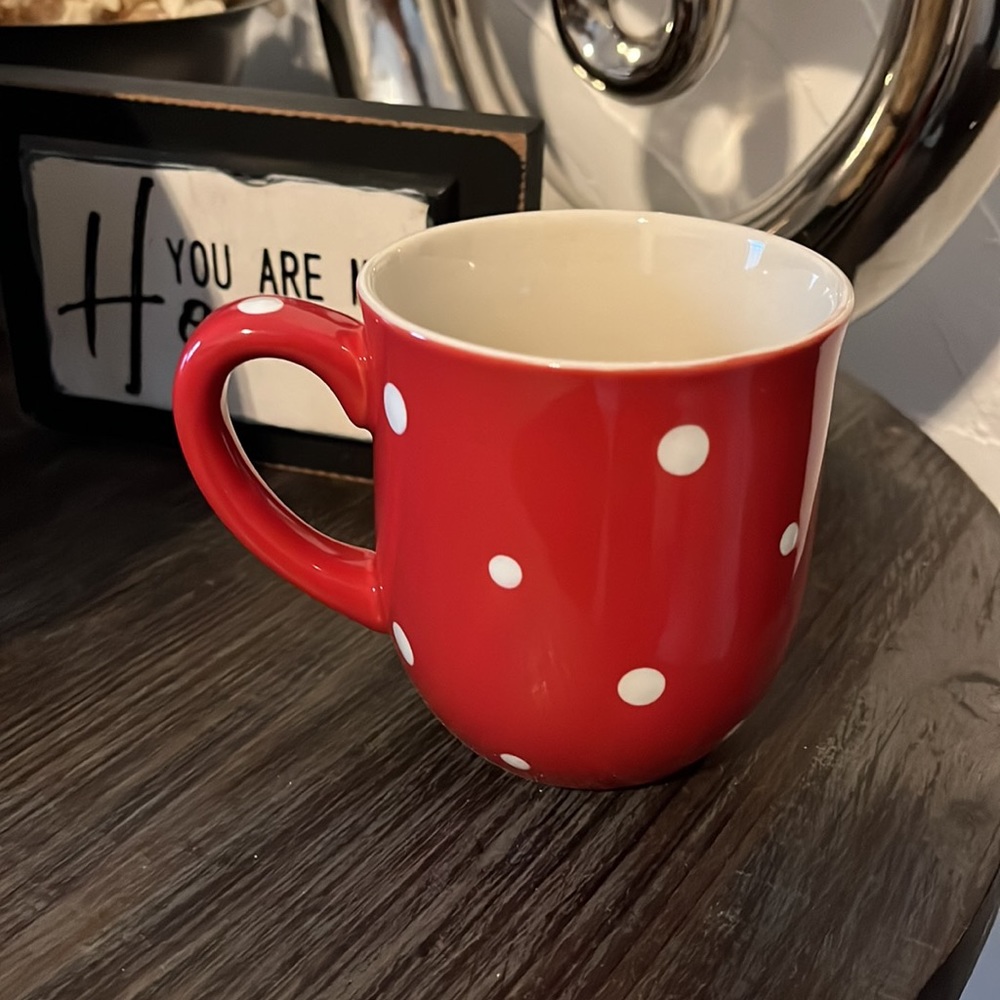 Temptation red white polka dot mug